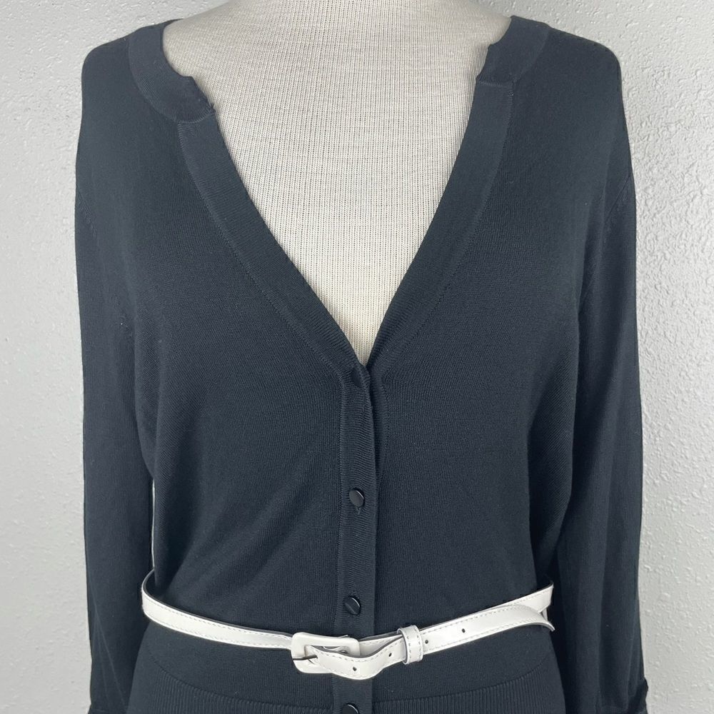 NWT Sharagano Black Cardigan Sweater and White Belt Size L - Picture 2 of 8